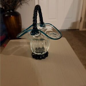 Vintage Murano Style Glass Basket 6.5" Dark Teal Trim Clear Optic Candy Dish